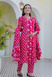 Pink Festive Floral Kurta Set with Trousers and Dupatta