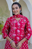 Pink Festive Floral Kurta Set with Trousers and Dupatta