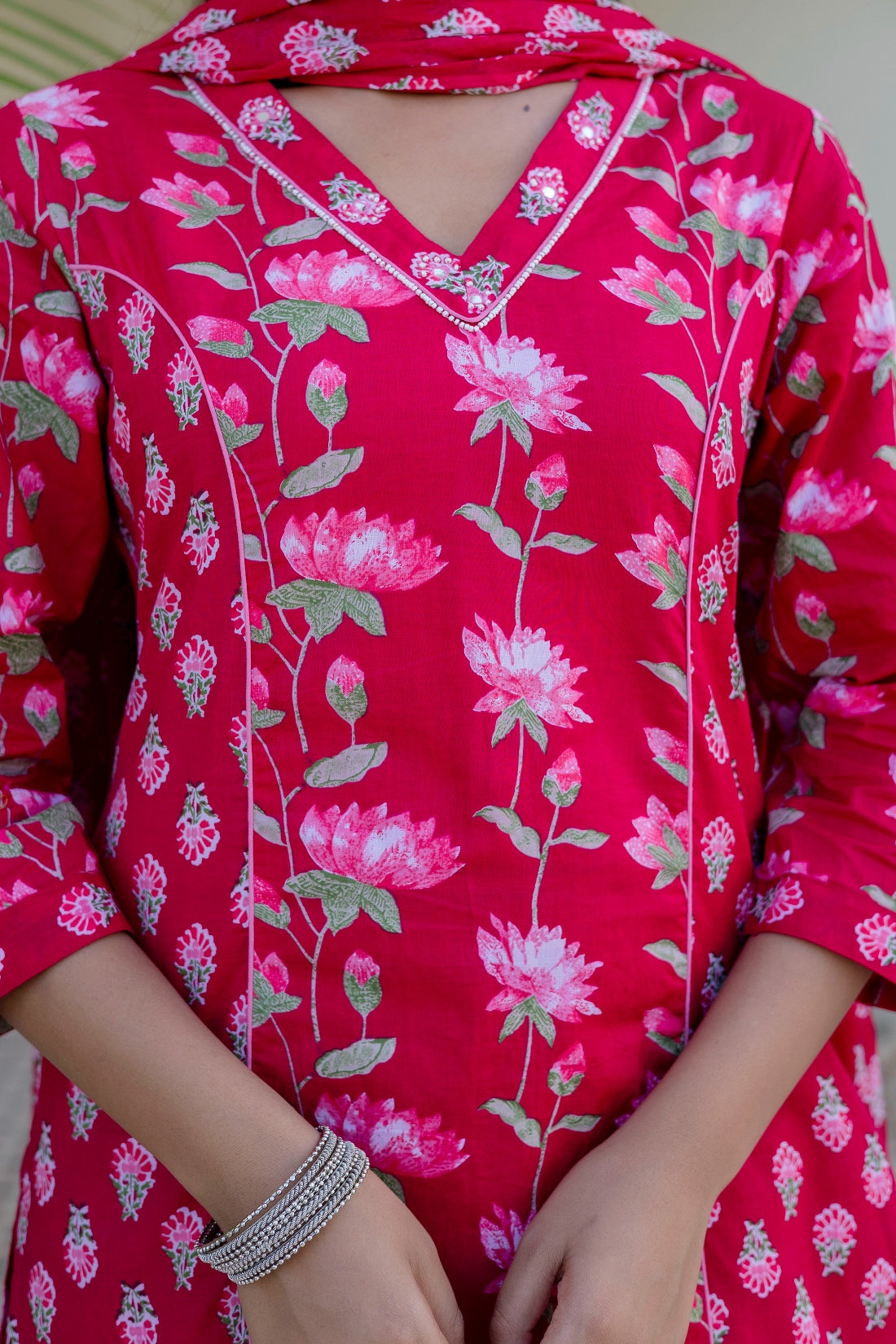 Pink Festive Floral Kurta Set with Trousers and Dupatta