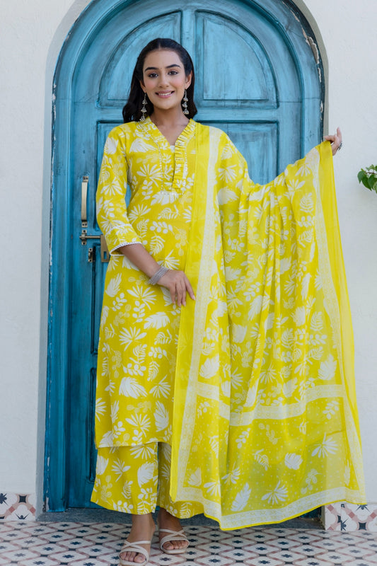 Pastel Yellow Frill Neck Design Kurta Set with Palazzo Pants and Dupatta