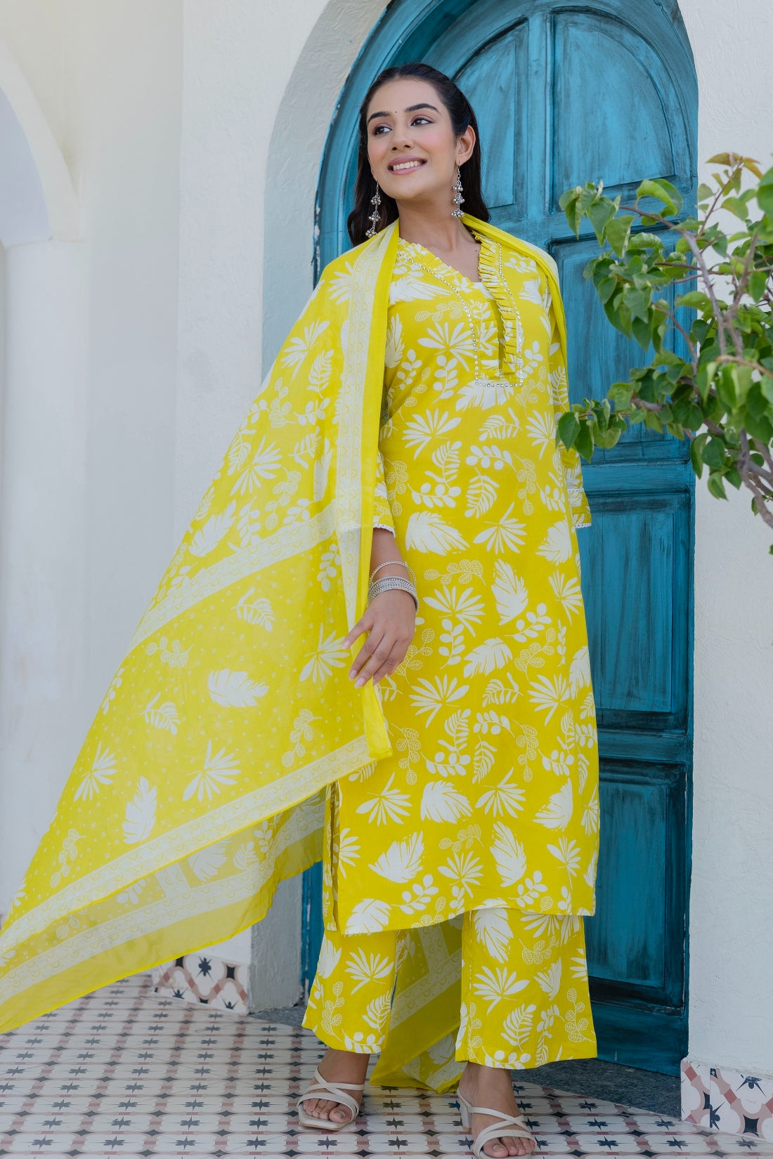 Pastel Yellow Frill Neck Design Kurta Set with Palazzo Pants and Dupatta