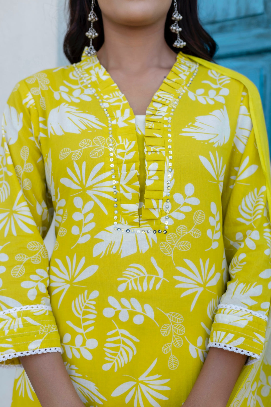 Pastel Yellow Frill Neck Design Kurta Set with Palazzo Pants and Dupatta