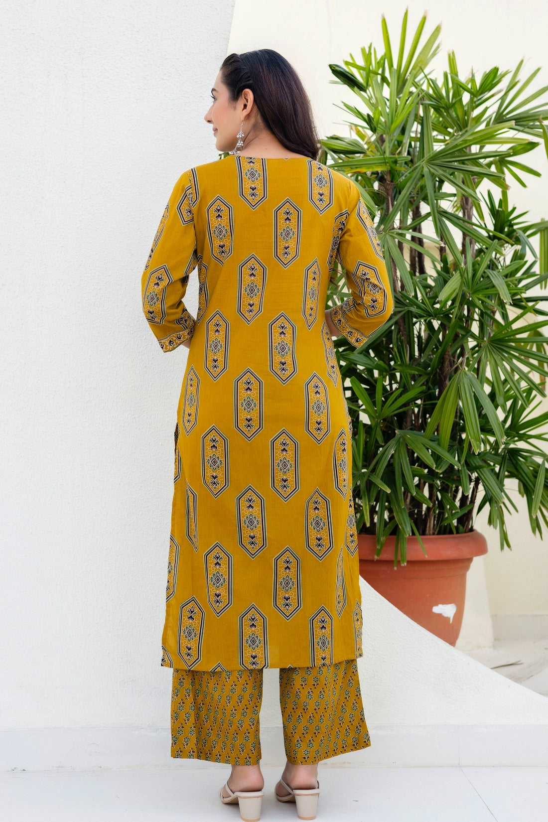 Mustard Yellow Ajrakh Print Yoke Design Cotton Kurta Set with Palazzo Pants and Dupatta
