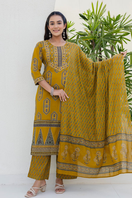 Mustard Yellow Ajrakh Print Yoke Design Cotton Kurta Set with Palazzo Pants and Dupatta