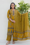 Mustard Yellow Ajrakh Print Yoke Design Cotton Kurta Set with Palazzo Pants and Dupatta