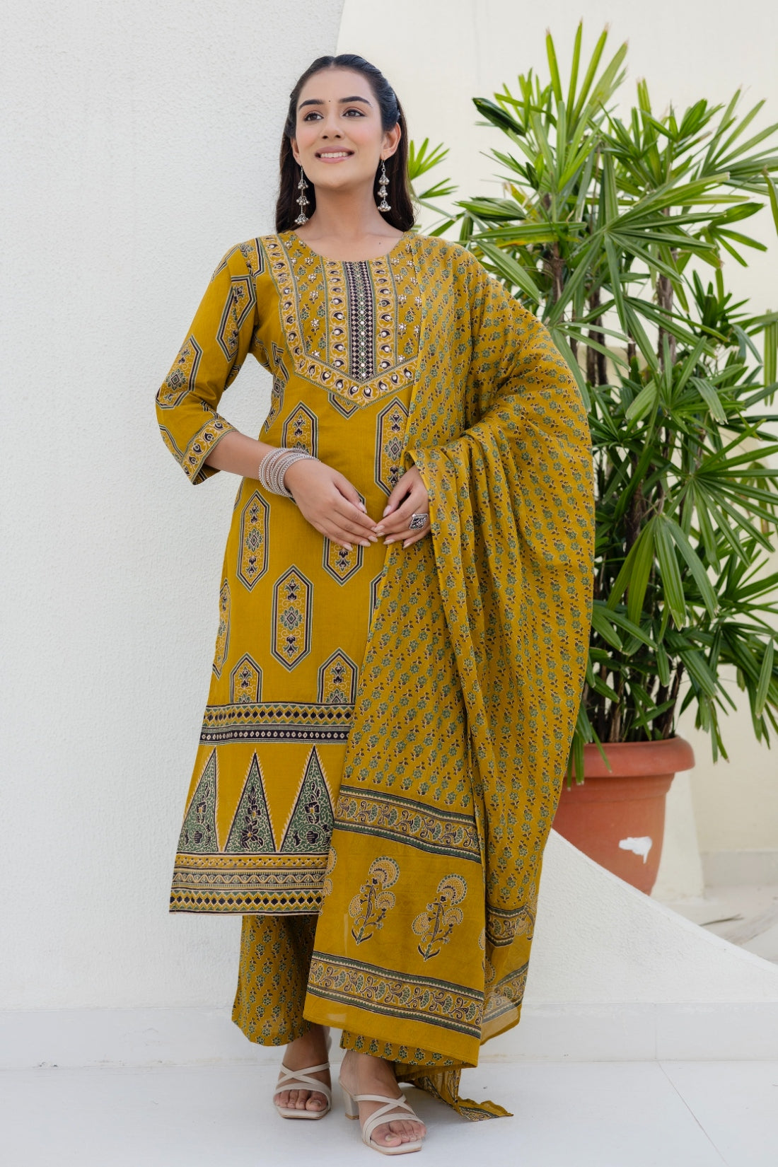 Mustard Yellow Ajrakh Print Yoke Design Cotton Kurta Set with Palazzo Pants and Dupatta