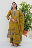 Mustard Yellow Ajrakh Print Yoke Design Cotton Kurta Set with Palazzo Pants and Dupatta