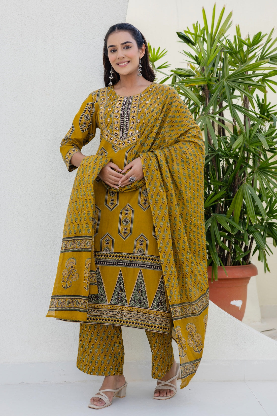 Mustard Yellow Ajrakh Print Yoke Design Cotton Kurta Set with Palazzo Pants and Dupatta