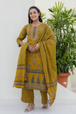 Mustard Yellow Ajrakh Print Yoke Design Cotton Kurta Set with Palazzo Pants and Dupatta