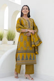 Mustard Yellow Ajrakh Print Yoke Design Cotton Kurta Set with Palazzo Pants and Dupatta