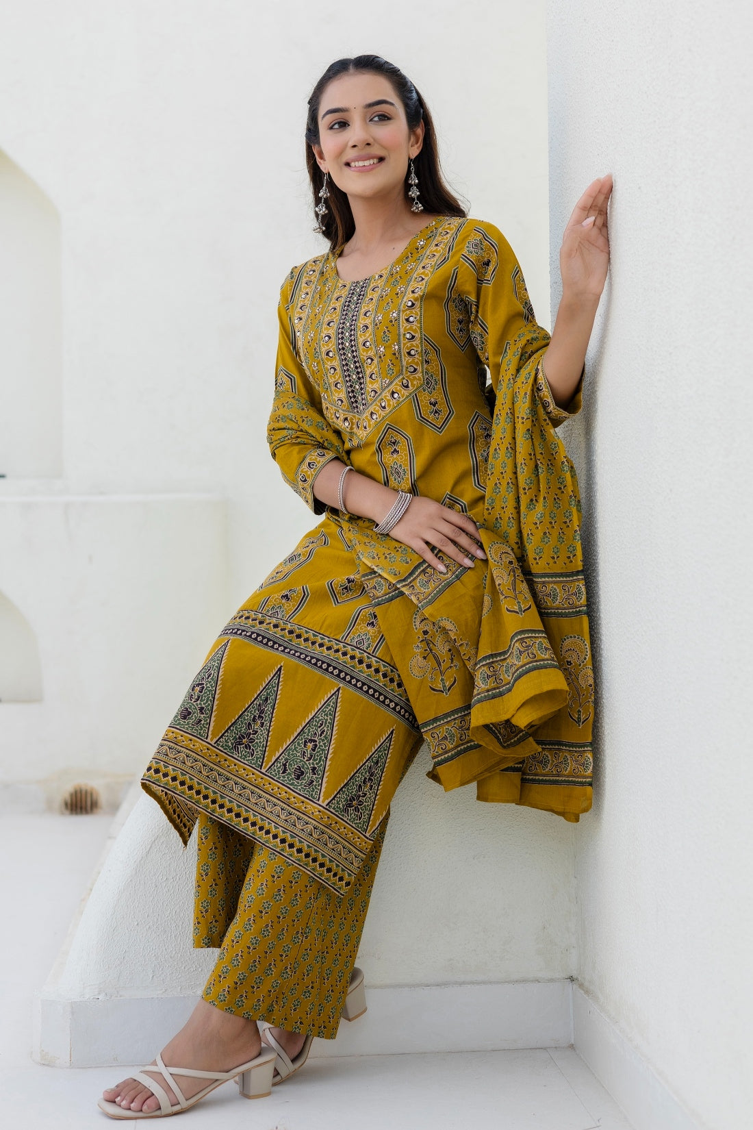 Mustard Yellow Ajrakh Print Yoke Design Cotton Kurta Set with Palazzo Pants and Dupatta