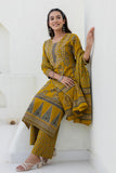 Mustard Yellow Ajrakh Print Yoke Design Cotton Kurta Set with Palazzo Pants and Dupatta