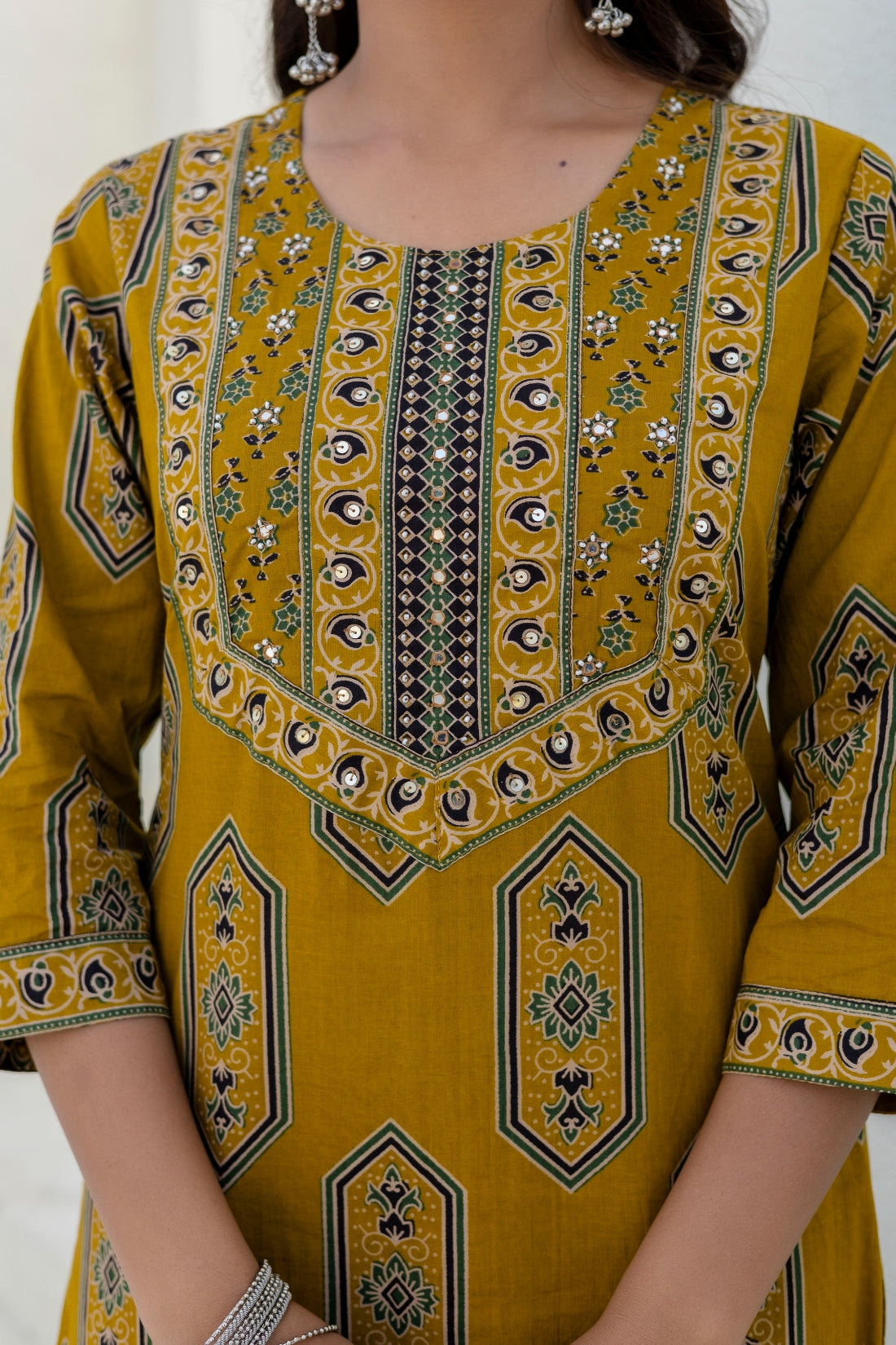 Mustard Yellow Ajrakh Print Yoke Design Cotton Kurta Set with Palazzo Pants and Dupatta