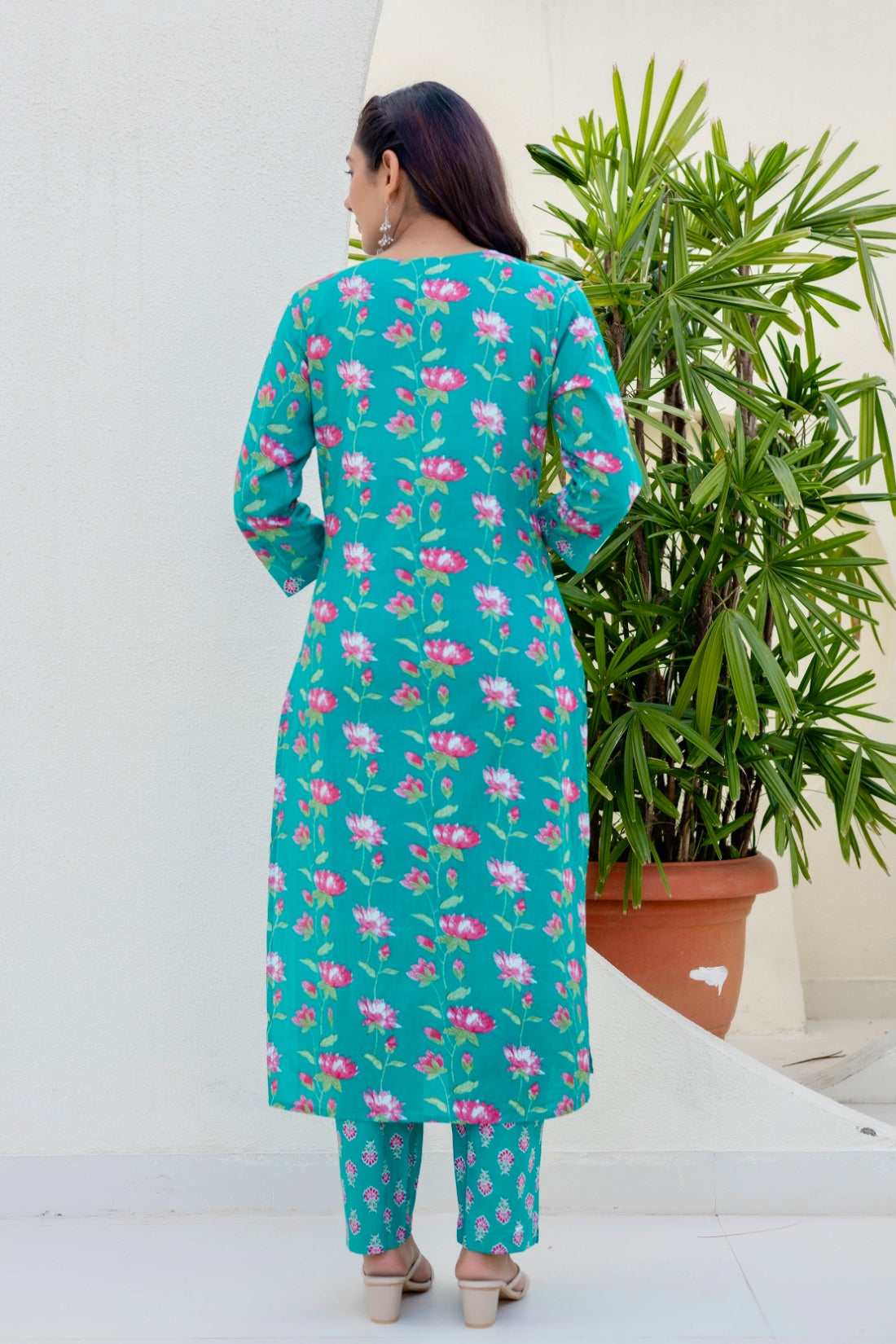Teal Green Festive Floral Kurta Set with Trousers and Dupatta
