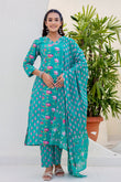 Teal Green Festive Floral Kurta Set with Trousers and Dupatta