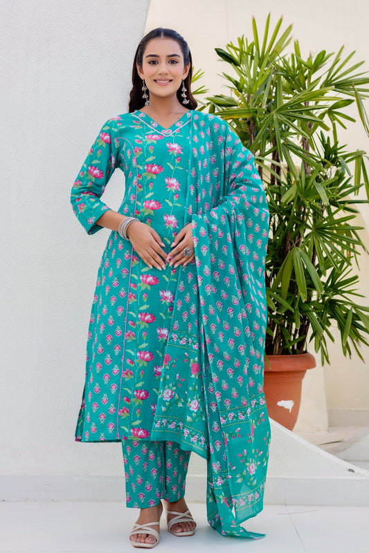Teal Green Festive Floral Kurta Set with Trousers and Dupatta