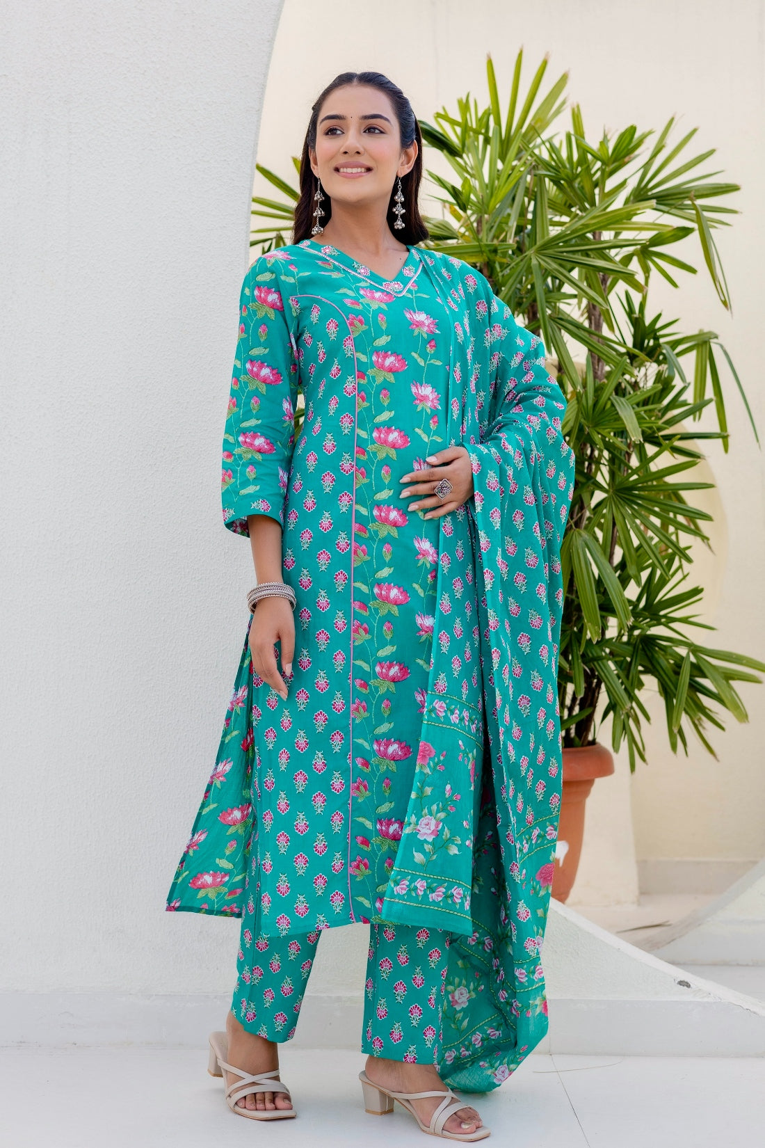 Teal Green Festive Floral Kurta Set with Trousers and Dupatta