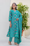 Teal Green Festive Floral Kurta Set with Trousers and Dupatta
