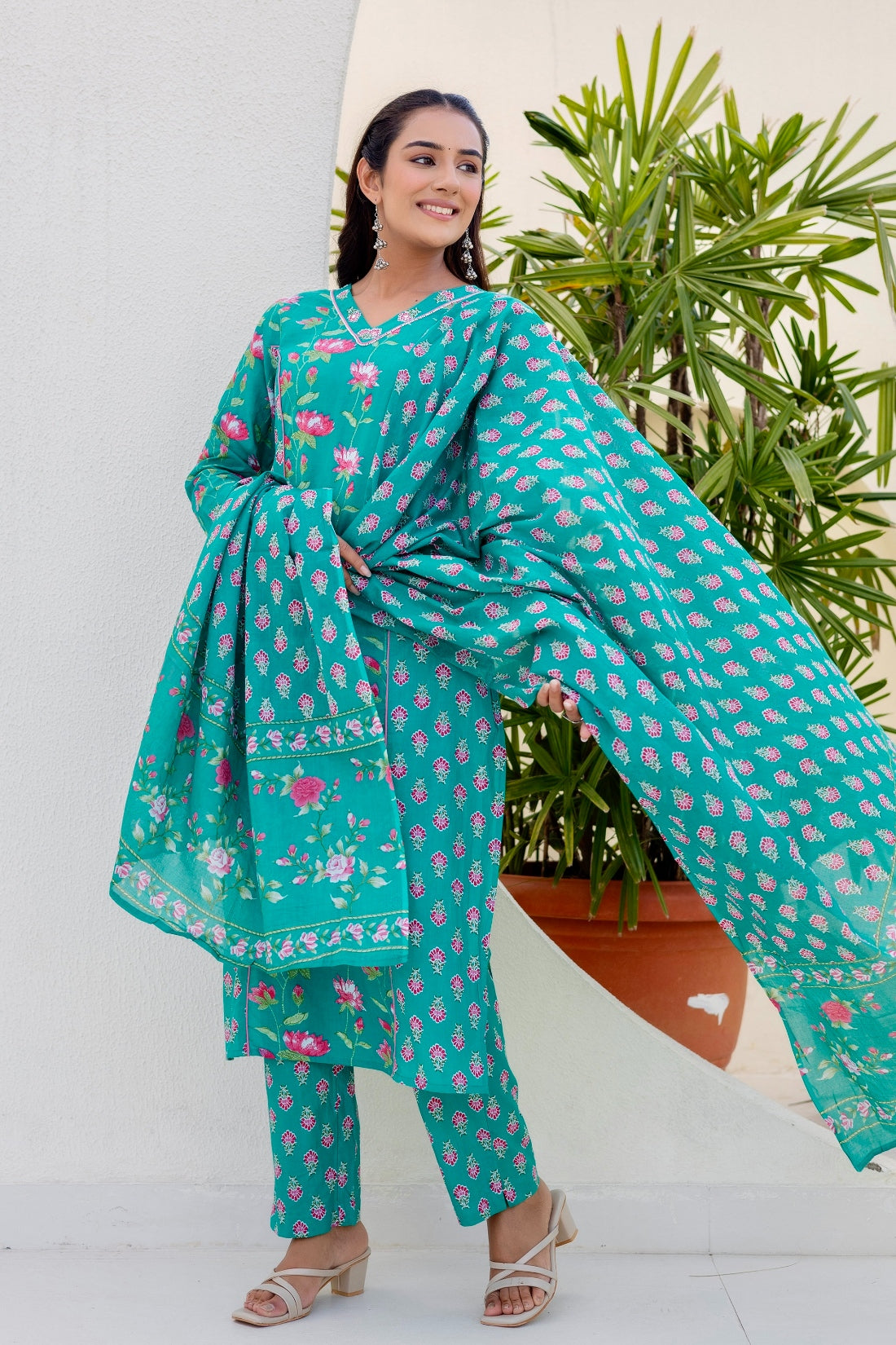 Teal Green Festive Floral Kurta Set with Trousers and Dupatta