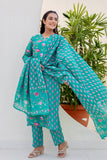 Teal Green Festive Floral Kurta Set with Trousers and Dupatta
