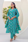 Teal Green Festive Floral Kurta Set with Trousers and Dupatta