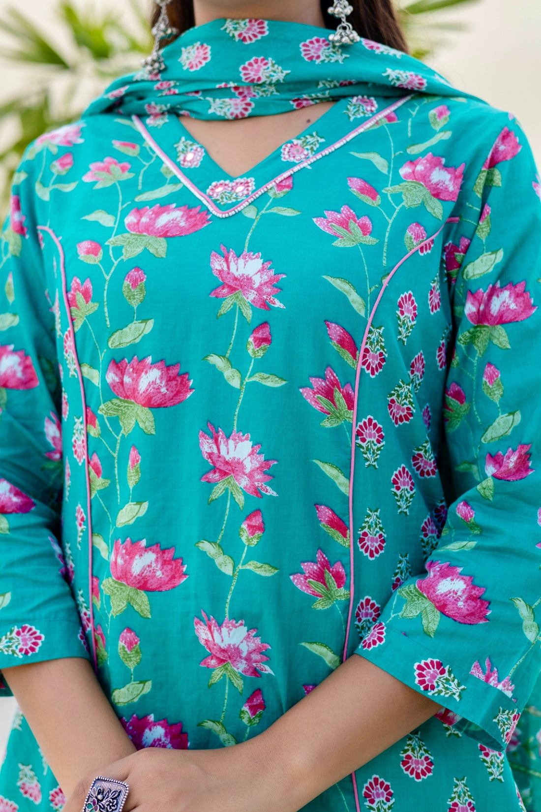 Teal Green Festive Floral Kurta Set with Trousers and Dupatta