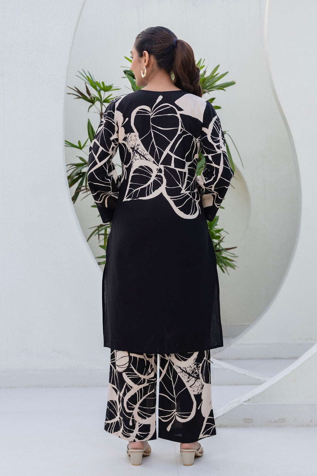 Black Floral Print Kurti with Wide Trousers Coord Set