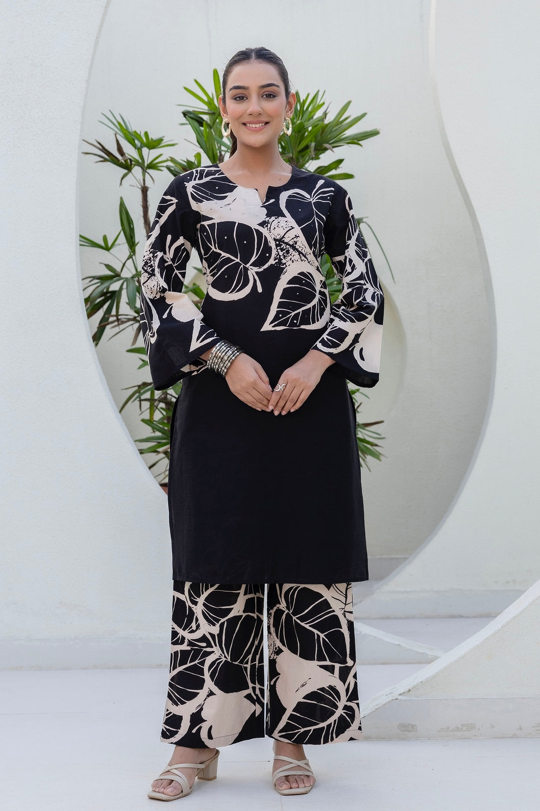 Black Floral Print Kurti with Wide Trousers Coord Set