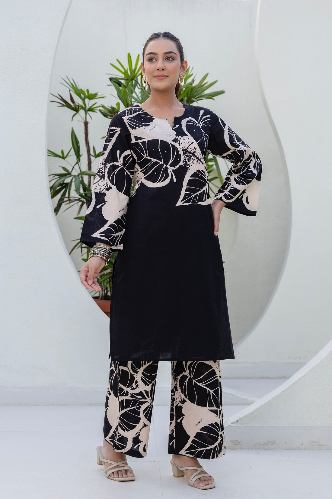 Black Floral Print Kurti with Wide Trousers Coord Set