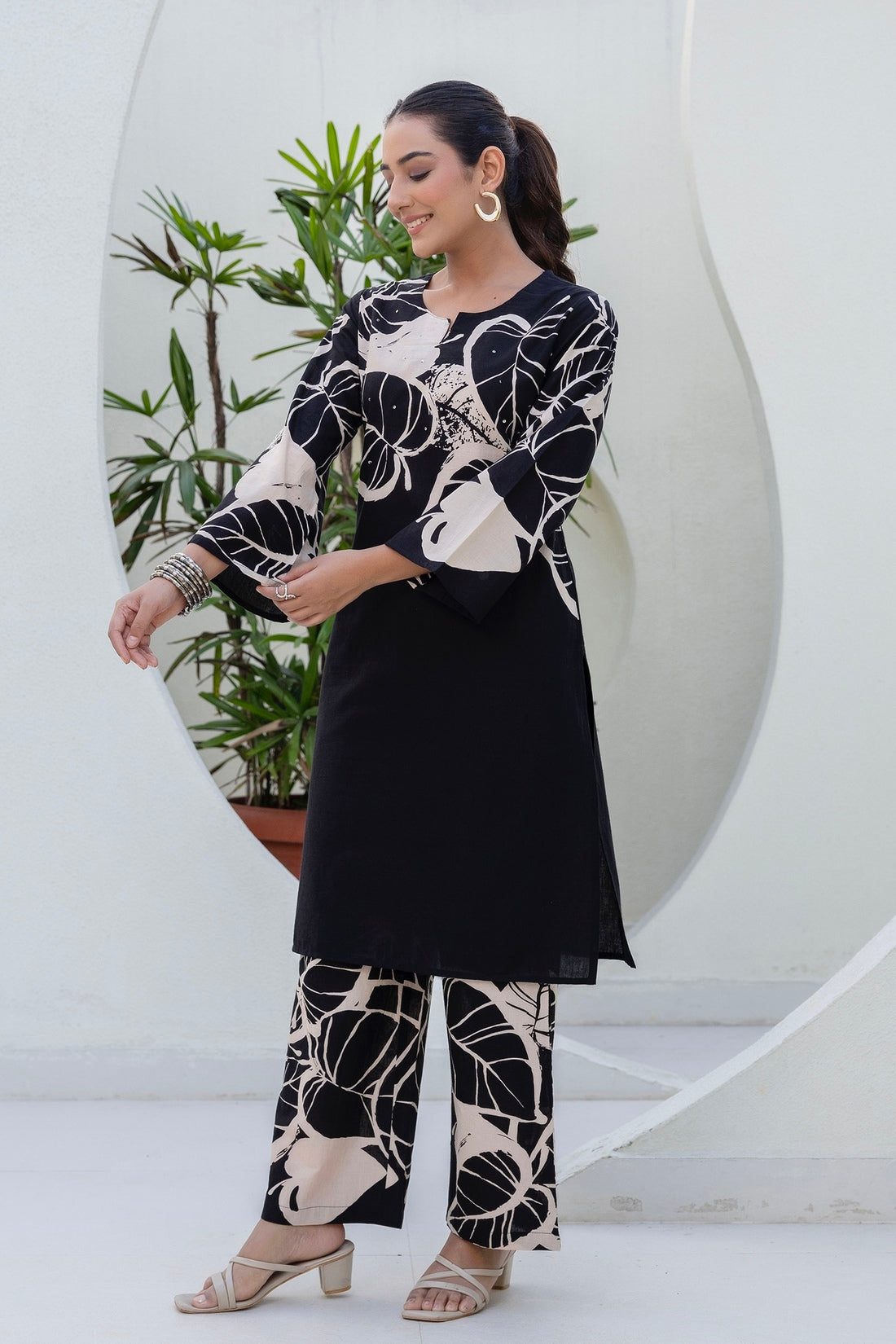 Black Floral Print Kurti with Wide Trousers Coord Set