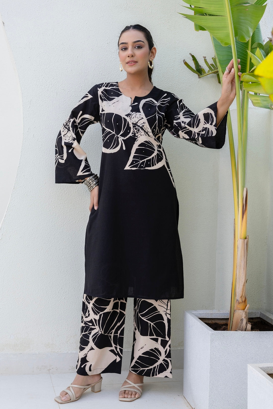 Black Floral Print Kurti with Wide Trousers Coord Set