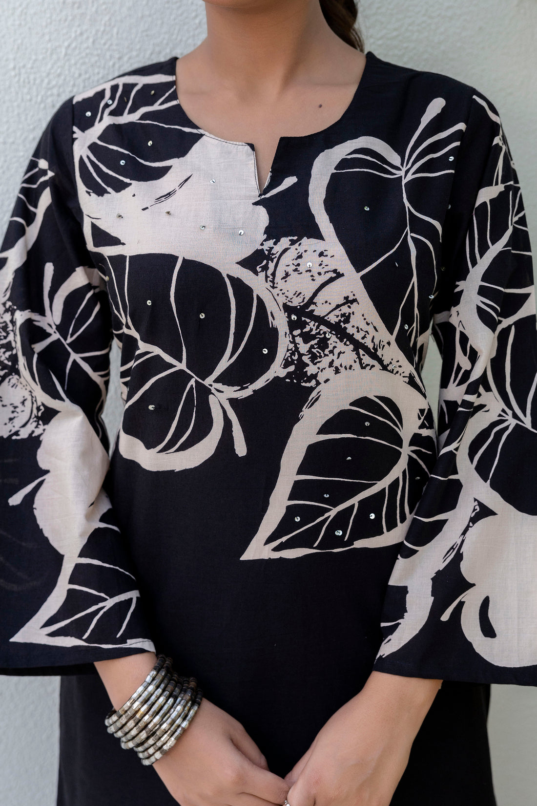 Black Floral Print Kurti with Wide Trousers Coord Set