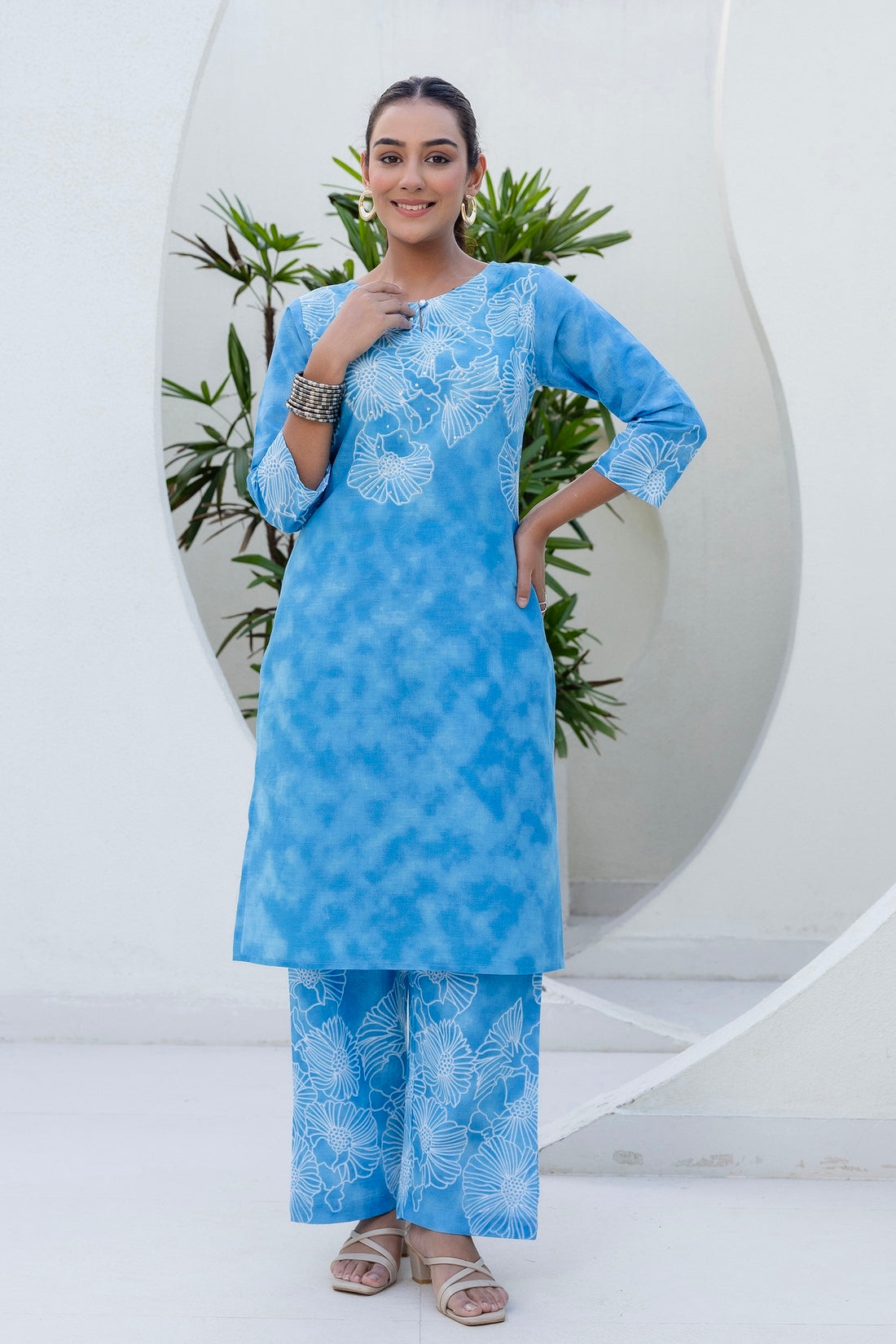 Blue Floral Tie n Dye Kurti with Palazzos Coord Set