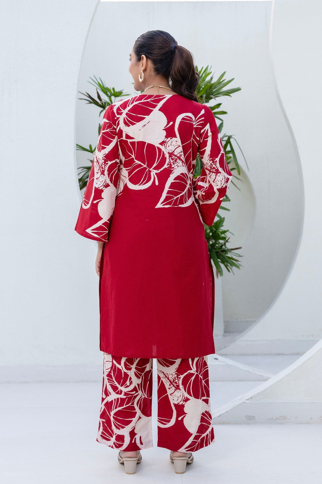 Red Floral Print Kurti with Wide Trousers Coord Set