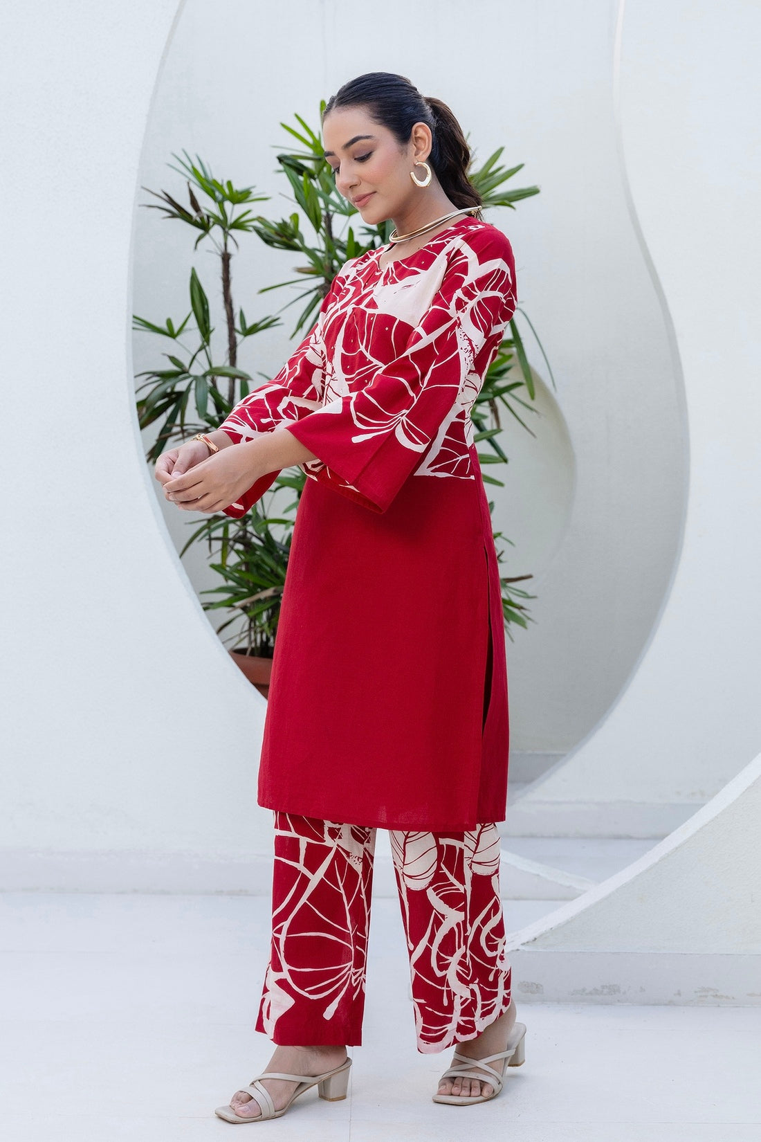 Red Floral Print Kurti with Wide Trousers Coord Set