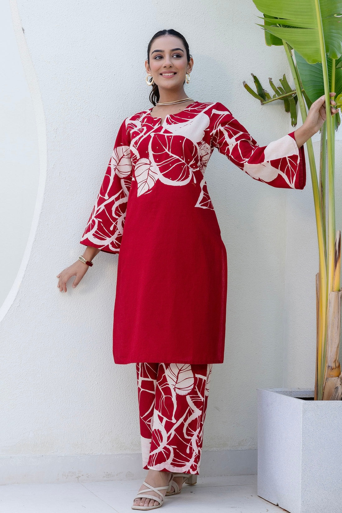 Red Floral Print Kurti with Wide Trousers Coord Set