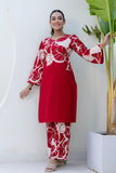 Red Floral Print Kurti with Wide Trousers Coord Set