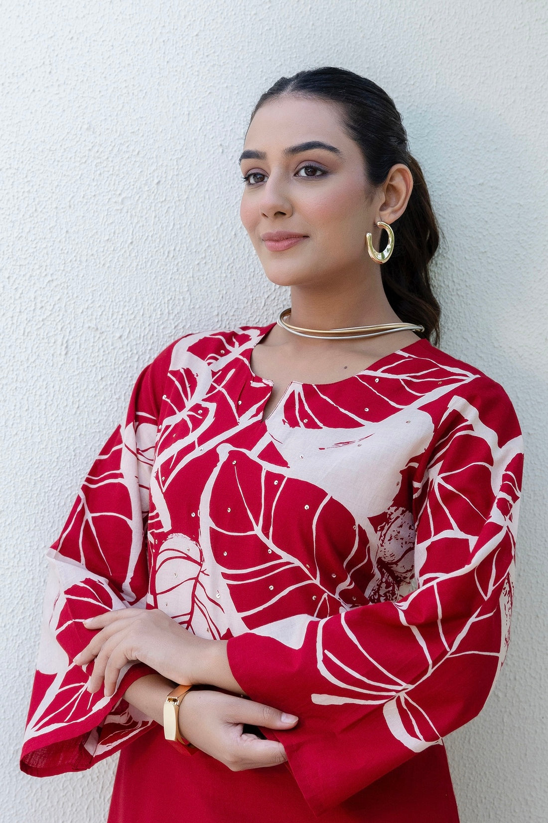 Red Floral Print Kurti with Wide Trousers Coord Set