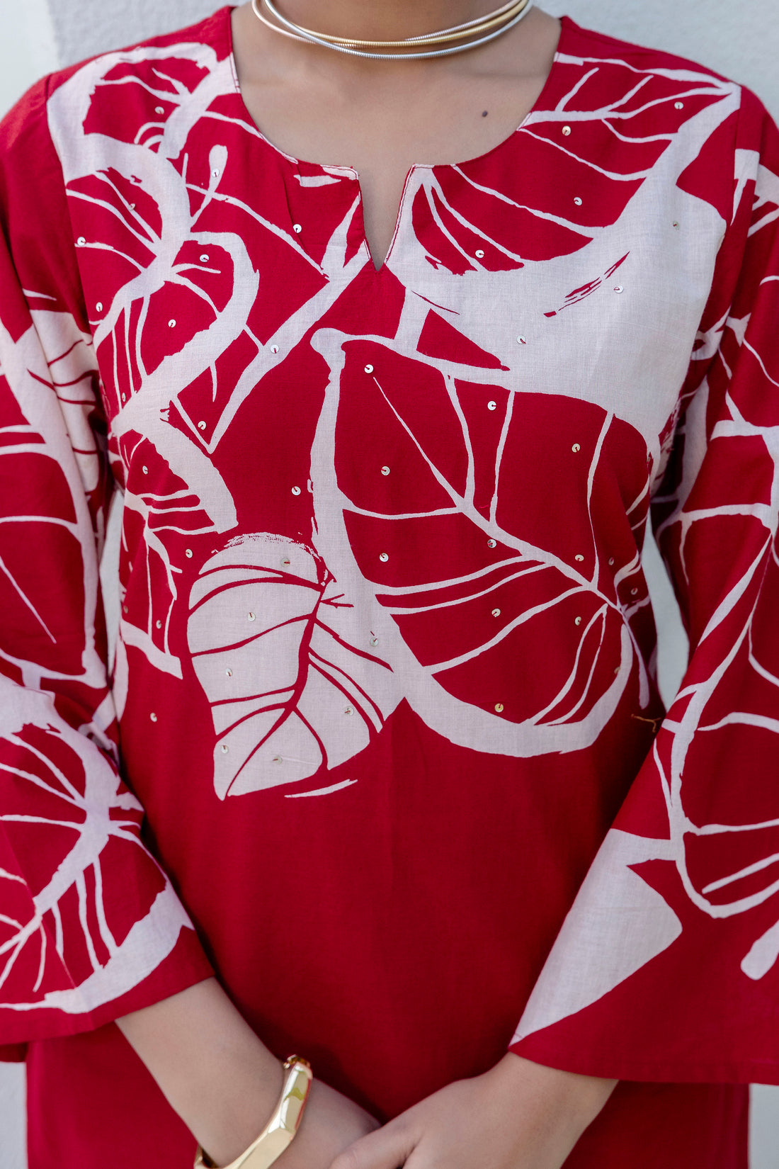 Red Floral Print Kurti with Wide Trousers Coord Set