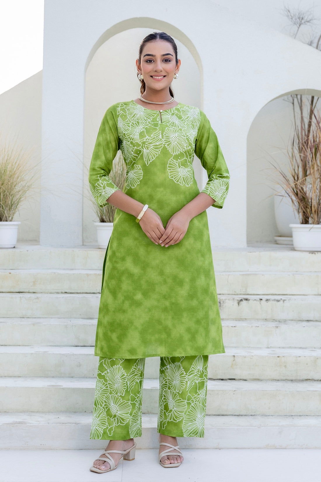 Green Floral Tie n Dye Kurti with Palazzos Coord Set
