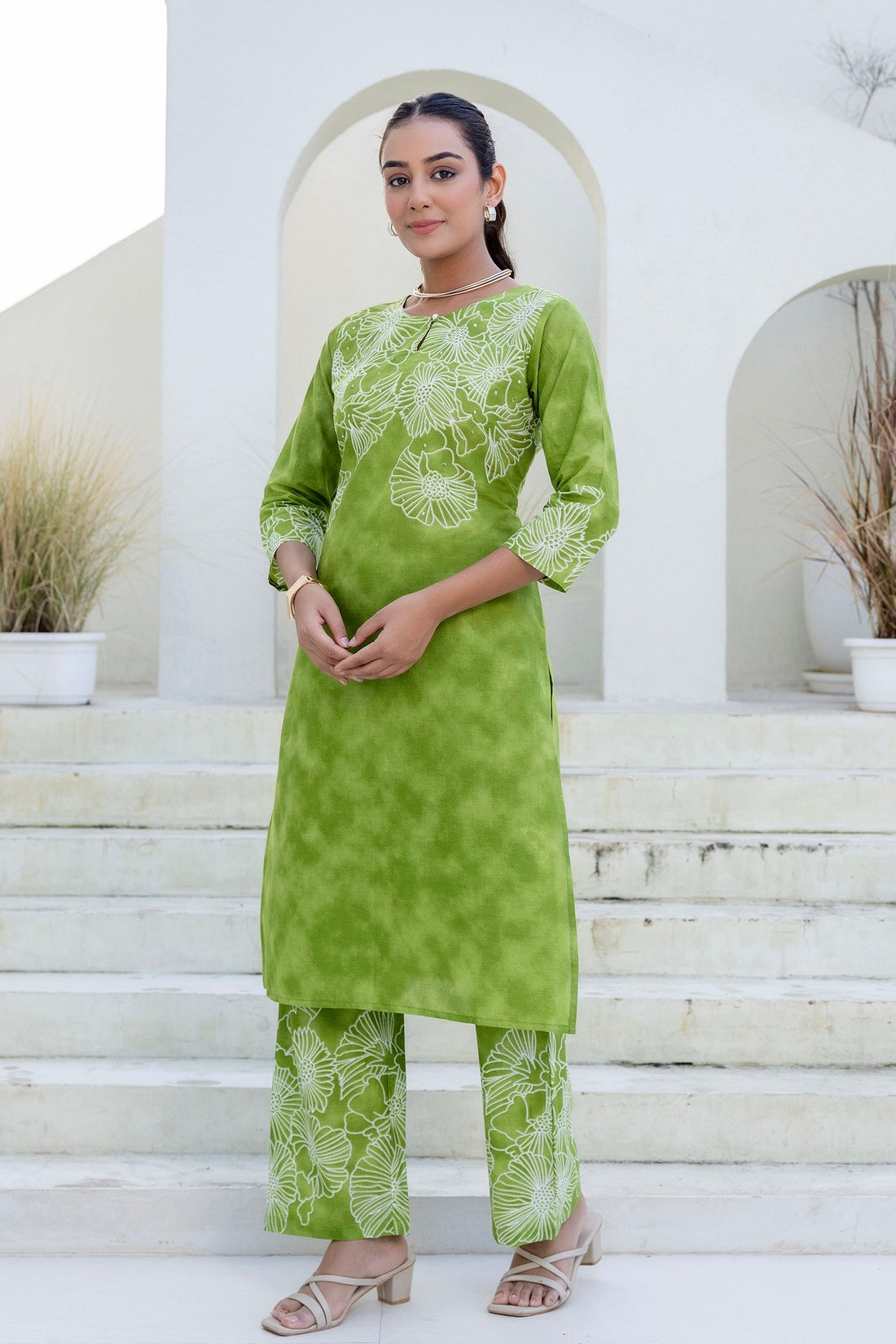 Green Floral Tie n Dye Kurti with Palazzos Coord Set