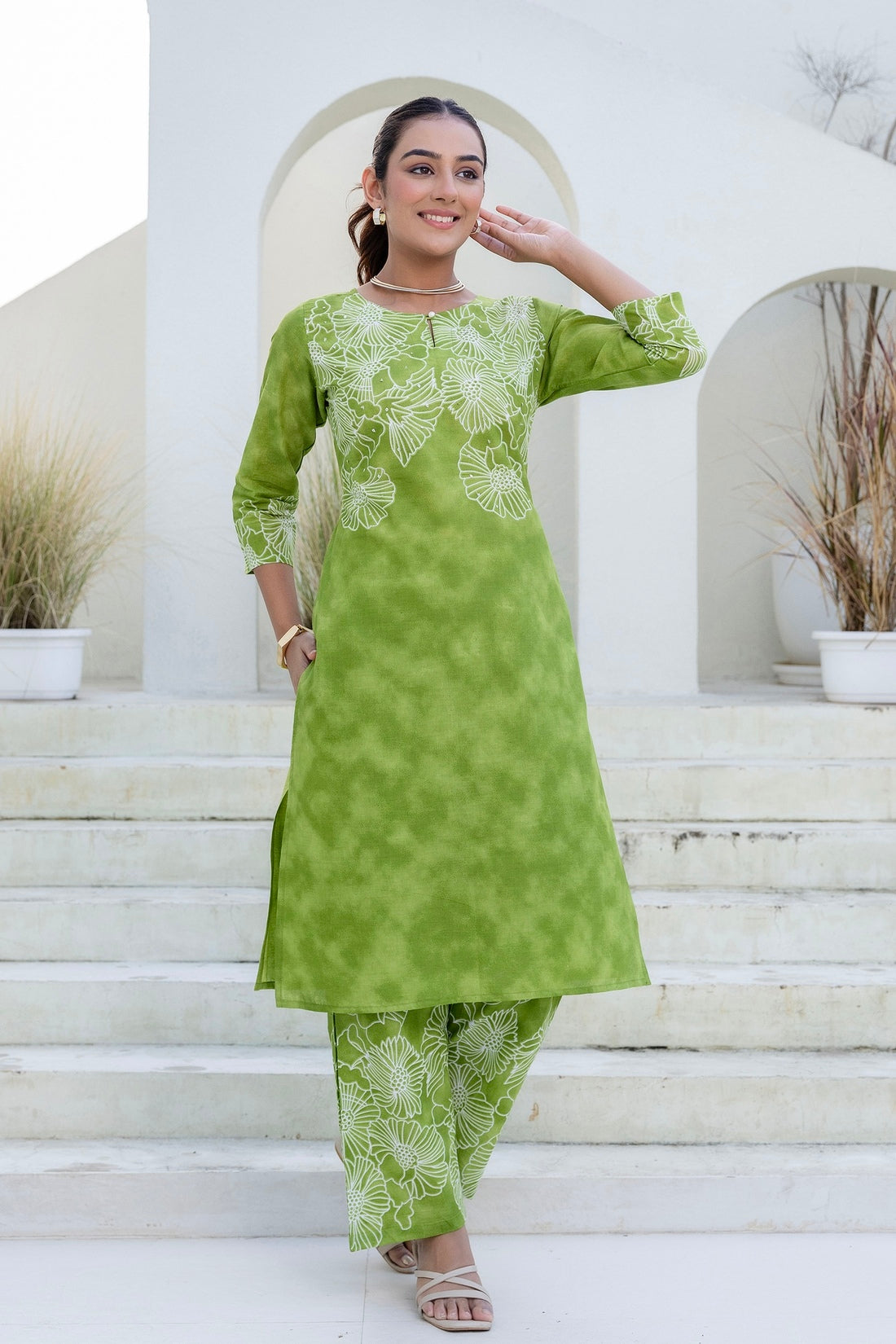 Green Floral Tie n Dye Kurti with Palazzos Coord Set