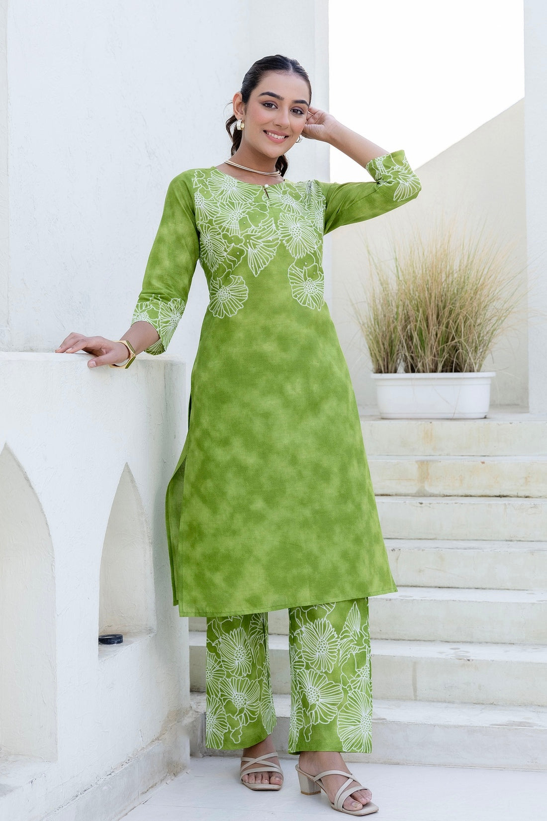 Green Floral Tie n Dye Kurti with Palazzos Coord Set