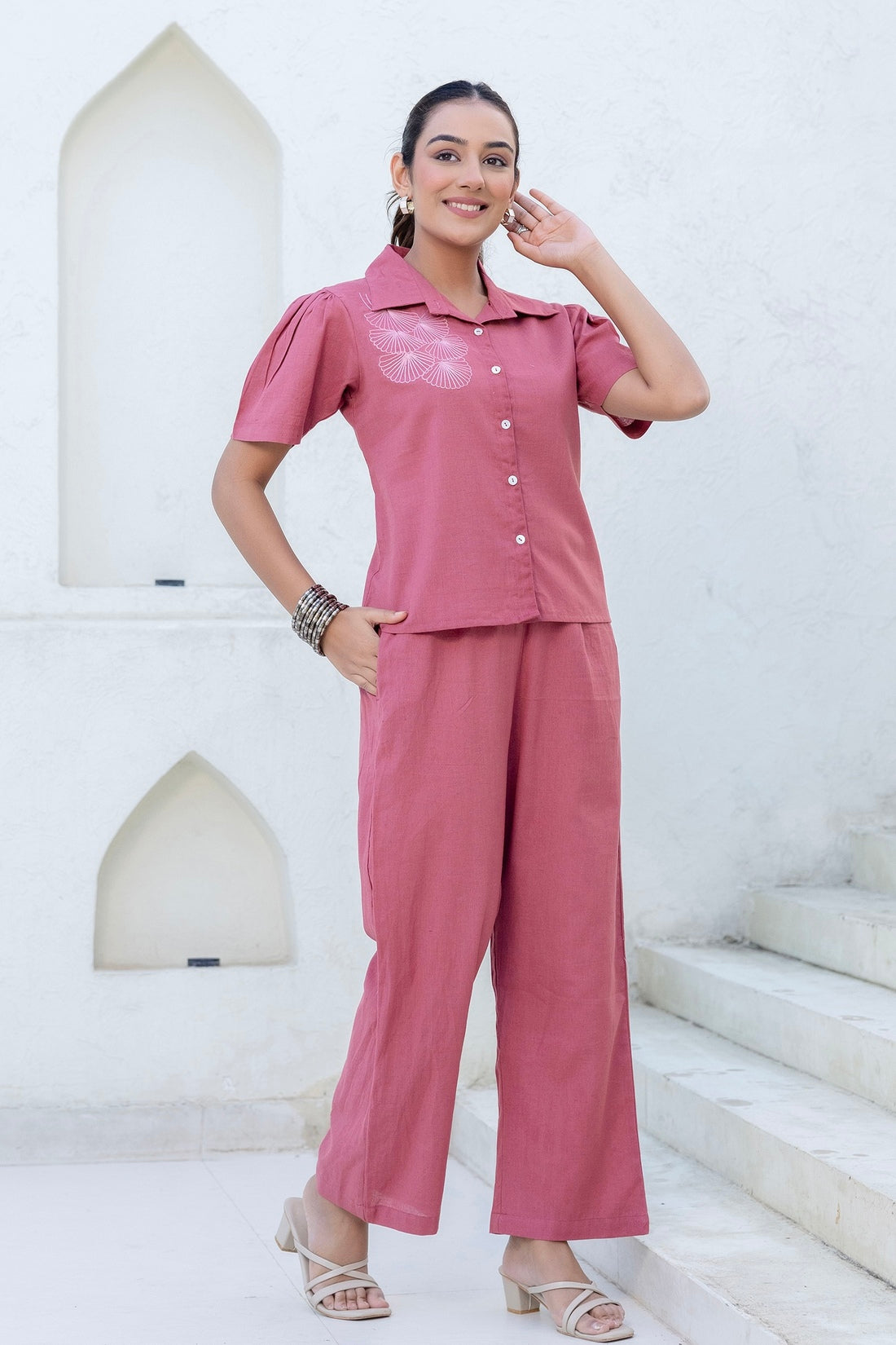 Pink Cropped Shirt with Wide Trousers Coord Set