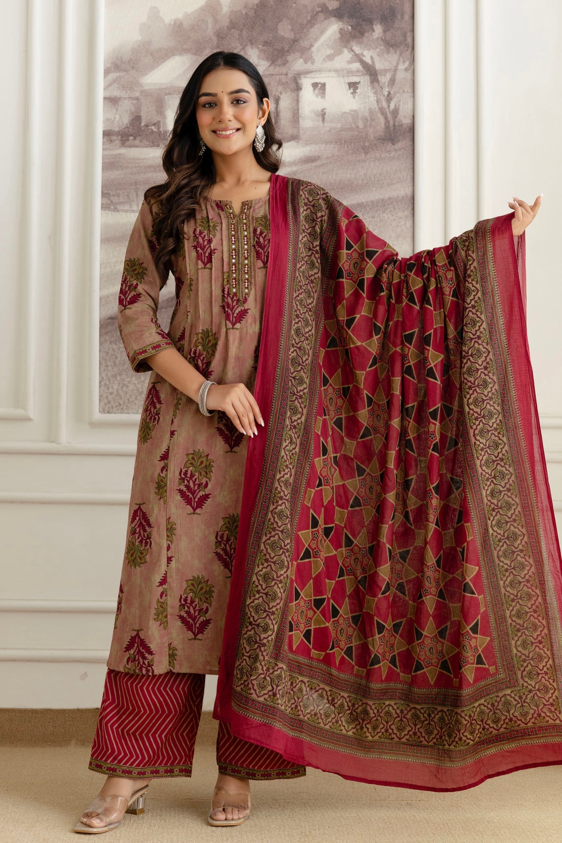 Pink Pintucks Aline Suit Set with Palazzo and Dupatta