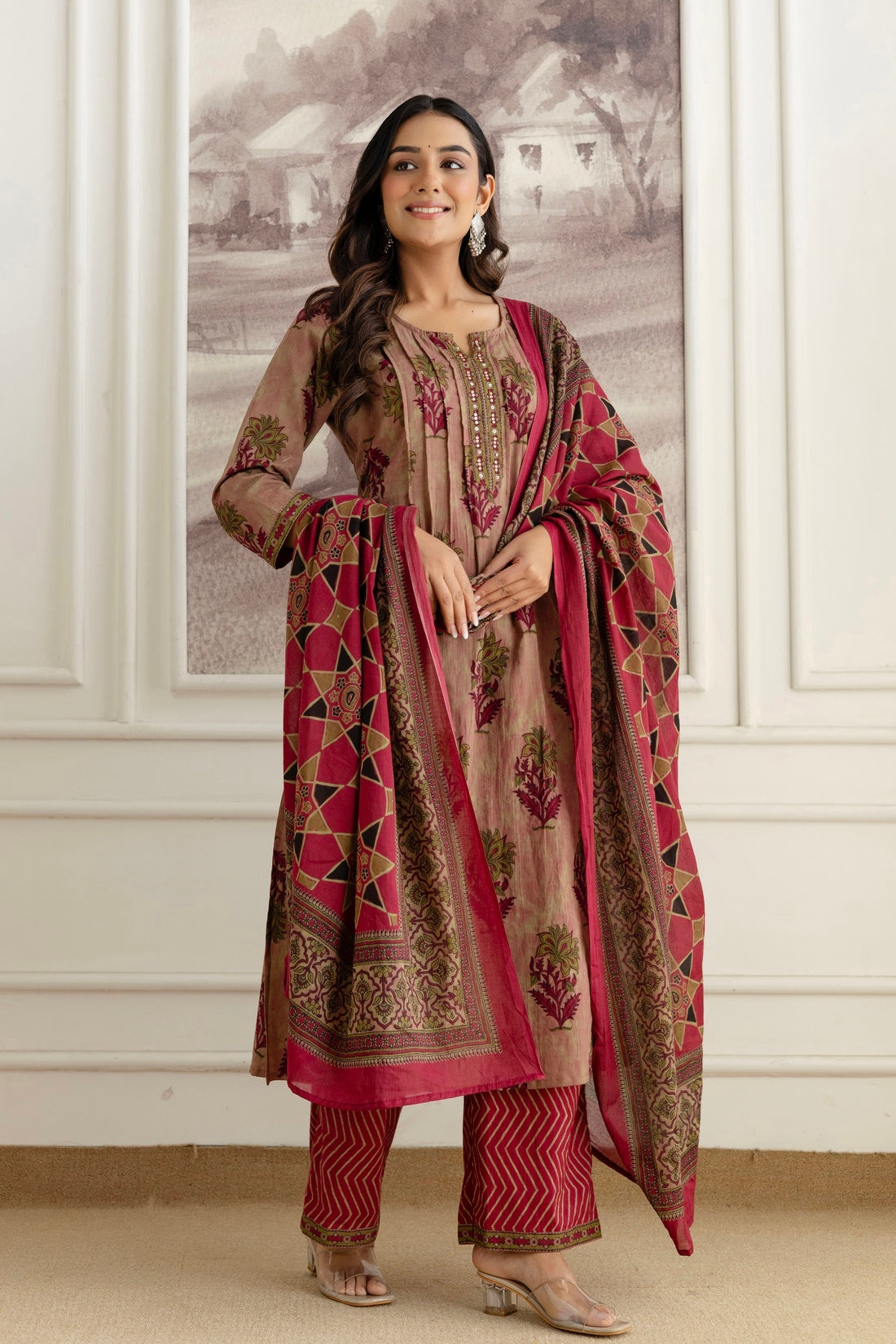 Pink Pintucks Aline Suit Set with Palazzo and Dupatta