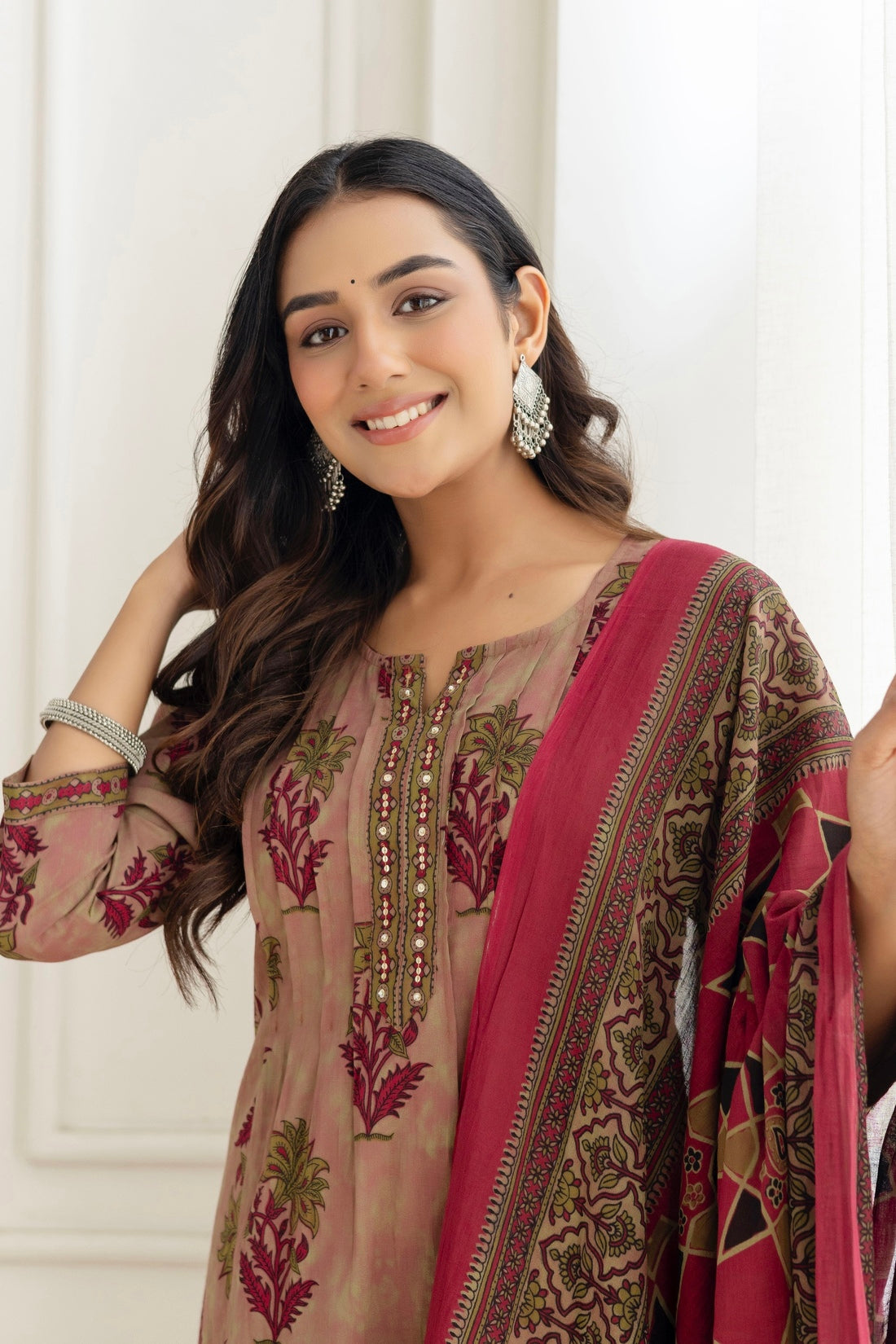 Pink Pintucks Aline Suit Set with Palazzo and Dupatta