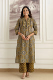Green Cotton Printed Kurta Set with Palazzos and Dupatta