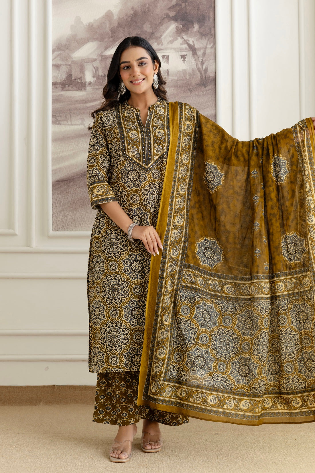 Green Cotton Printed Kurta Set with Palazzos and Dupatta