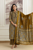 Green Cotton Printed Kurta Set with Palazzos and Dupatta